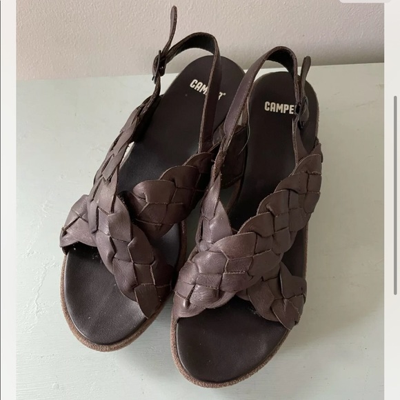 Camper Shoes - Camper Braided Strap Brown Leather Wedge Size 38 US 7